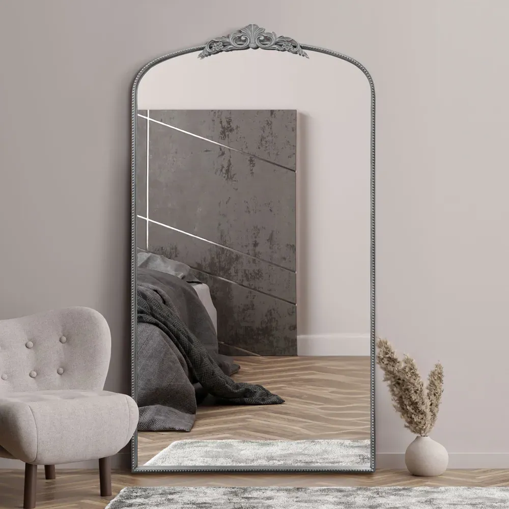 Crown Arched Leaner Wall Mirror with Decorative Crown - Silver, Metal