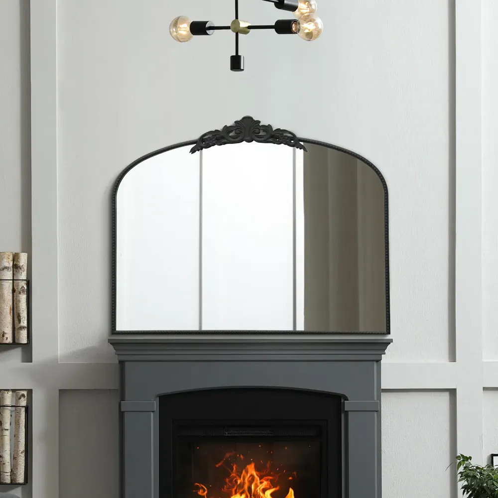 Crown Arched Wall Mirror with Decorative Crown - Black, Metal