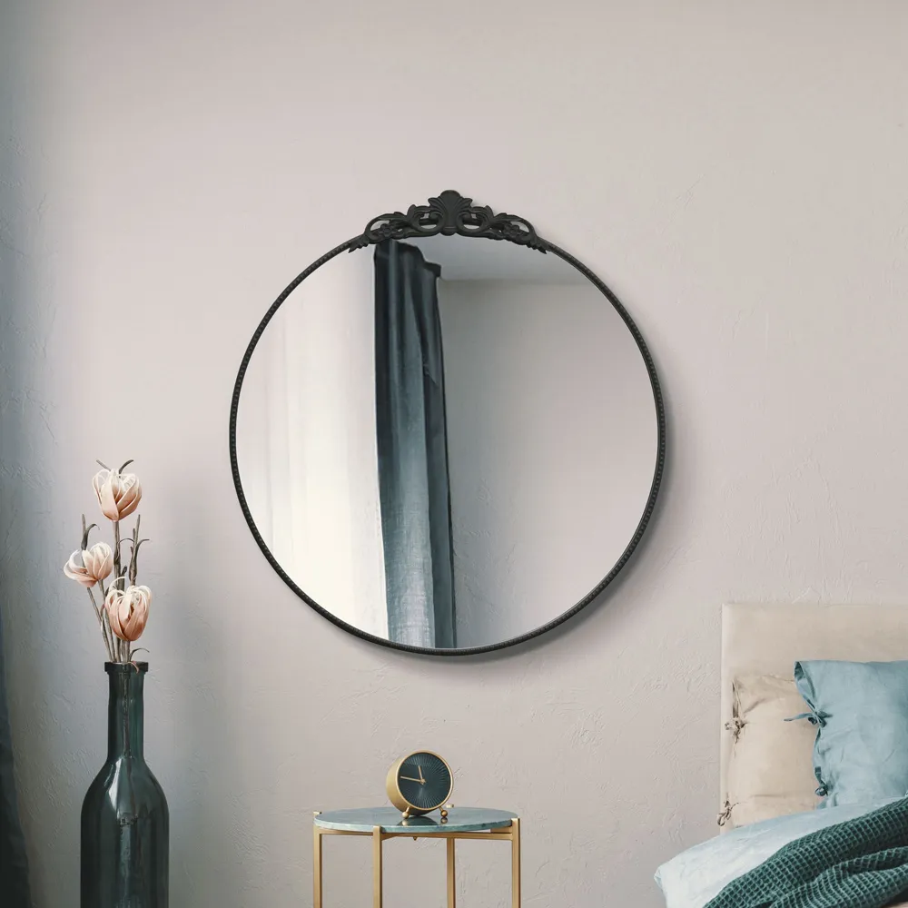 Crown Round Wall Mirror with Decorative Crown - Black, Metal