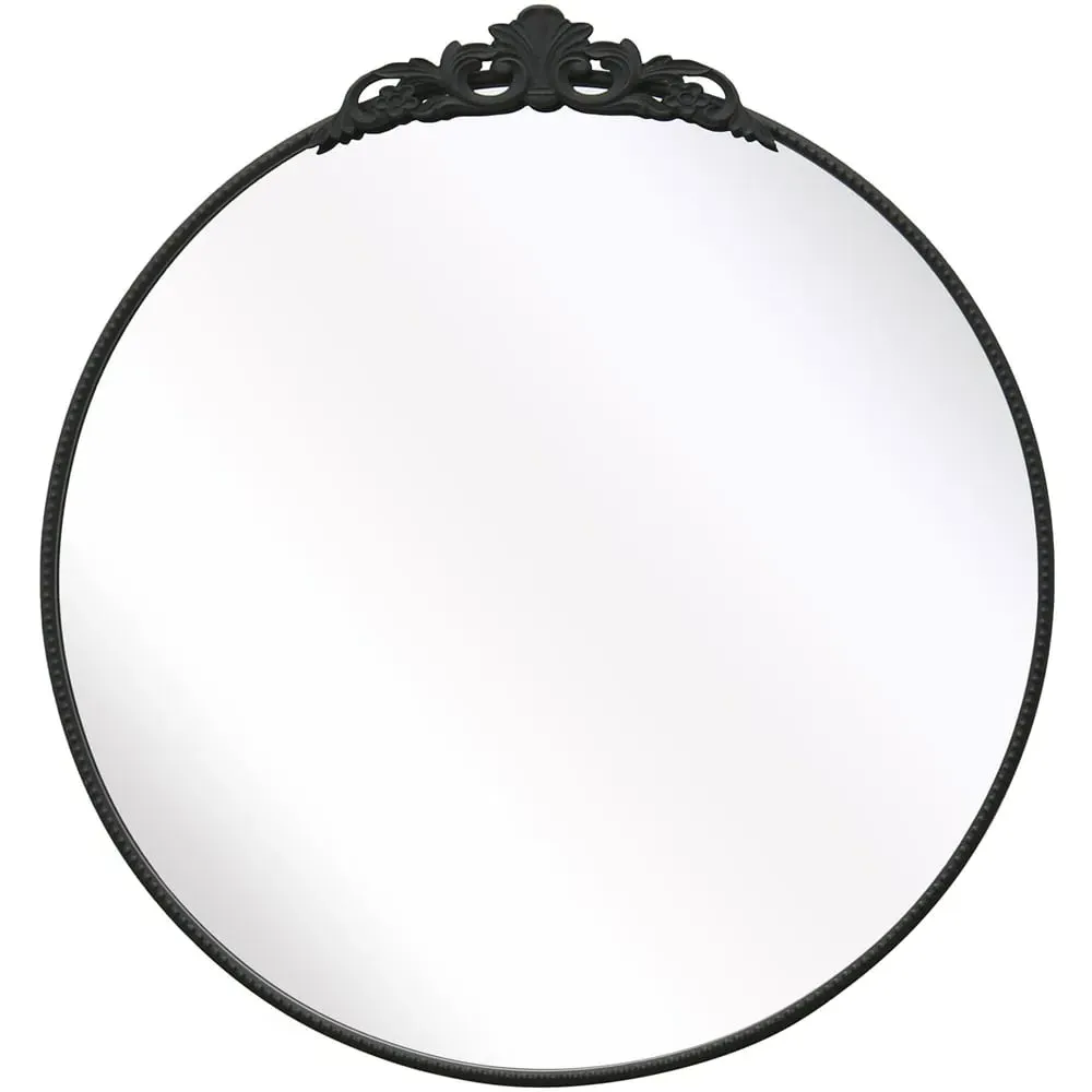 Crown Round Wall Mirror with Decorative Crown - Black, Metal image