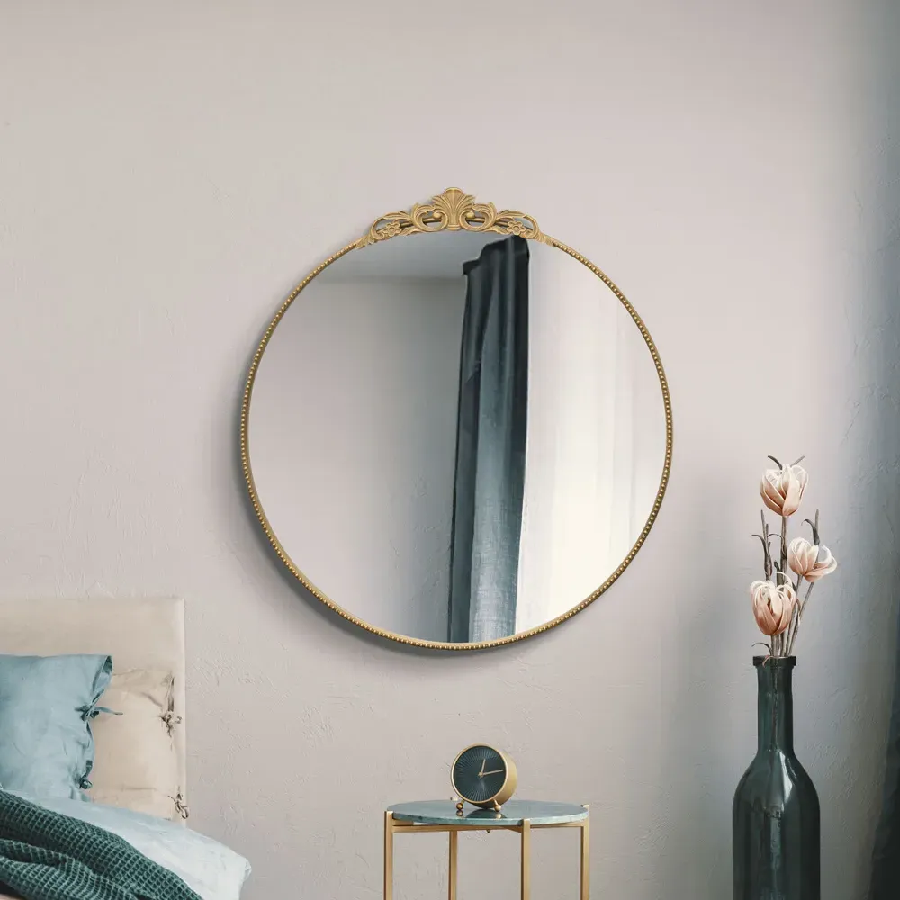 Crown Round Wall Mirror with Decorative Crown - Gold, Metal