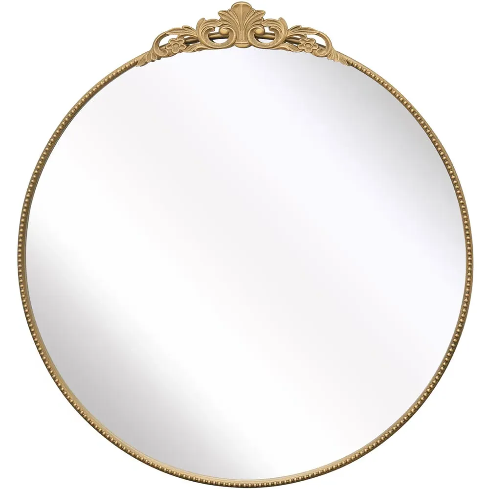 Crown Round Wall Mirror with Decorative Crown - Gold, Metal