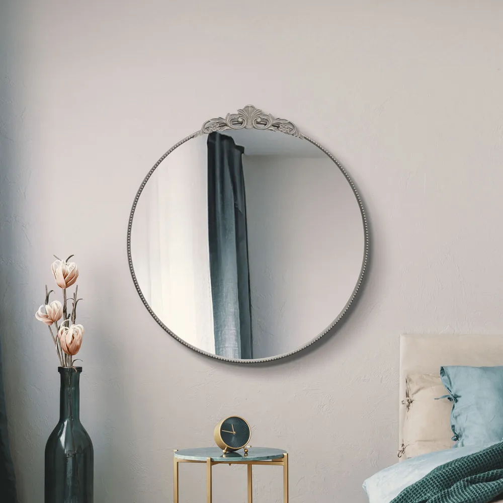 Crown Round Wall Mirror with Decorative Crown - Silver, Metal