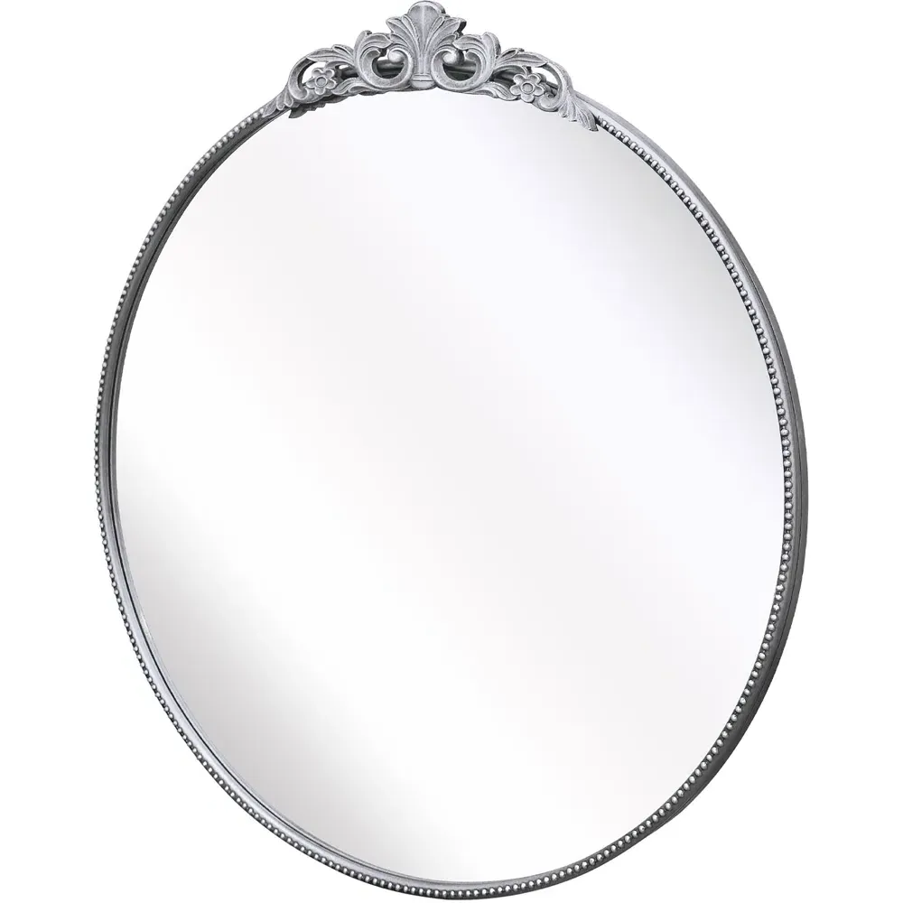 Crown Round Wall Mirror with Decorative Crown - Silver, Metal