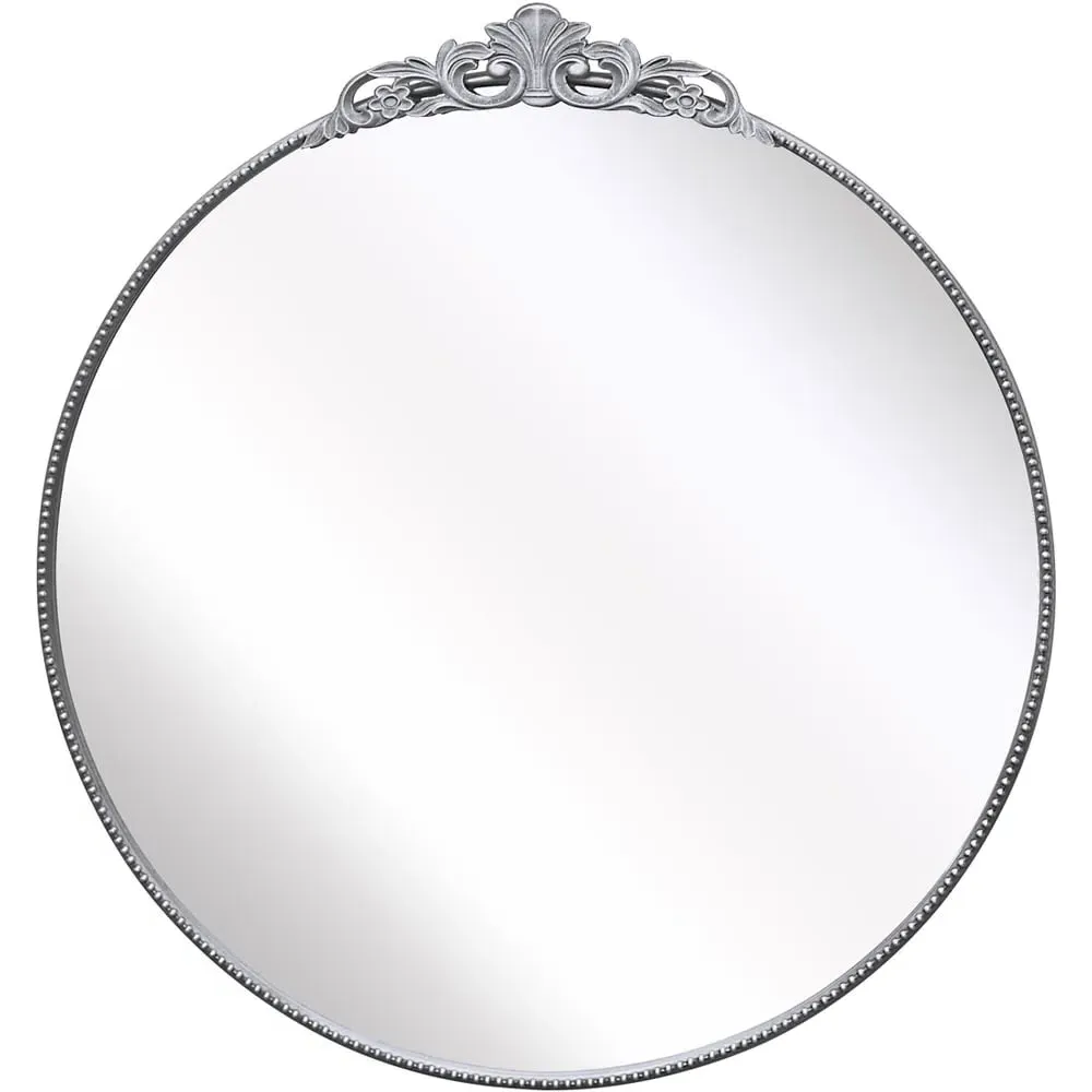 Crown Round Wall Mirror with Decorative Crown - Silver, Metal