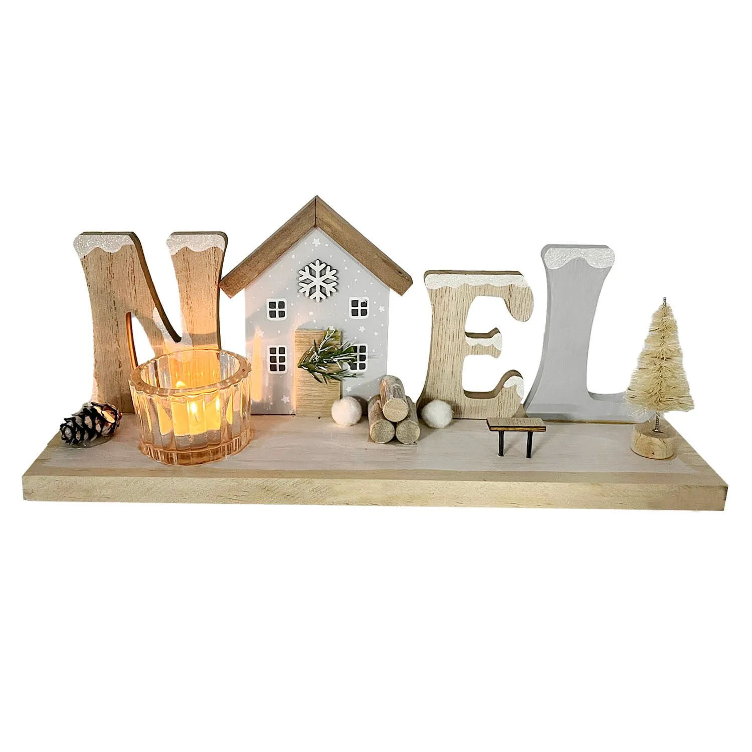 Noel Tea Light Holder - Natural Wood