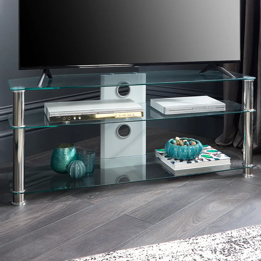 2 Shelf Corner TV Unit - Clear Glass