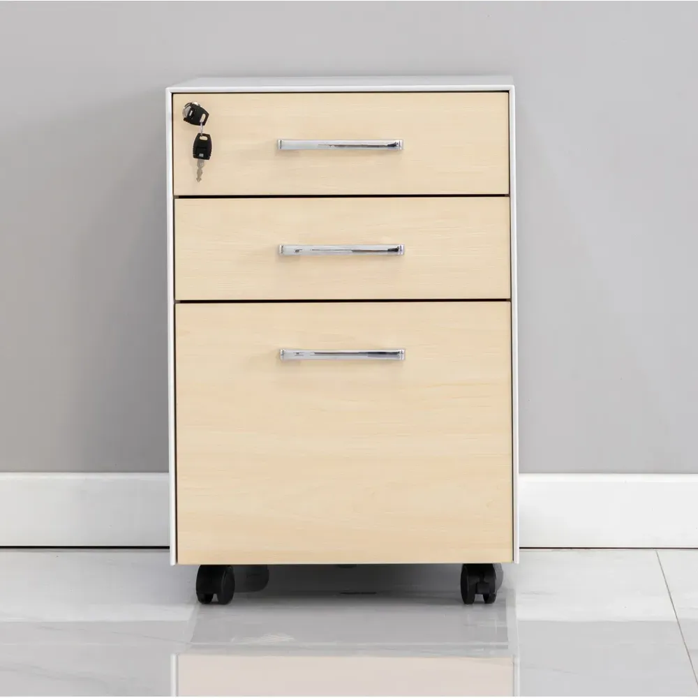 3 Drawer Mobile Pedestal Under Desk Storage Cabinet - White, Beech