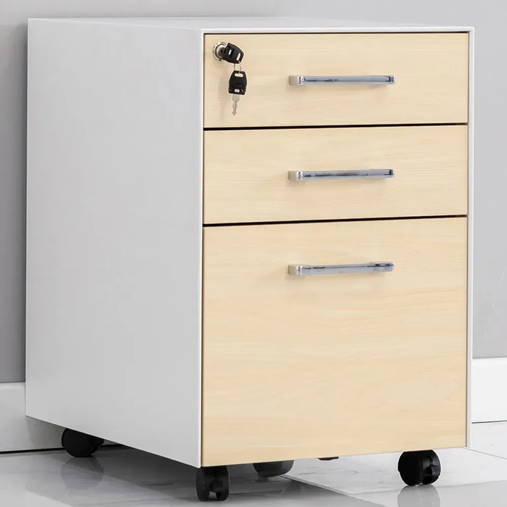 3 Drawer Mobile Pedestal Under Desk Storage Cabinet - White, Beech