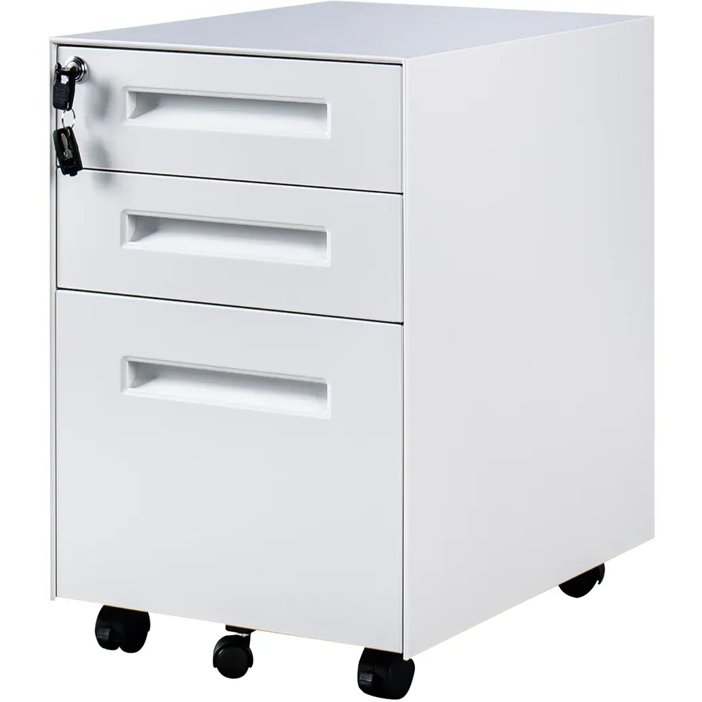3 Drawer Mobile Pedestal Under Desk Storage Cabinet - White, Metal