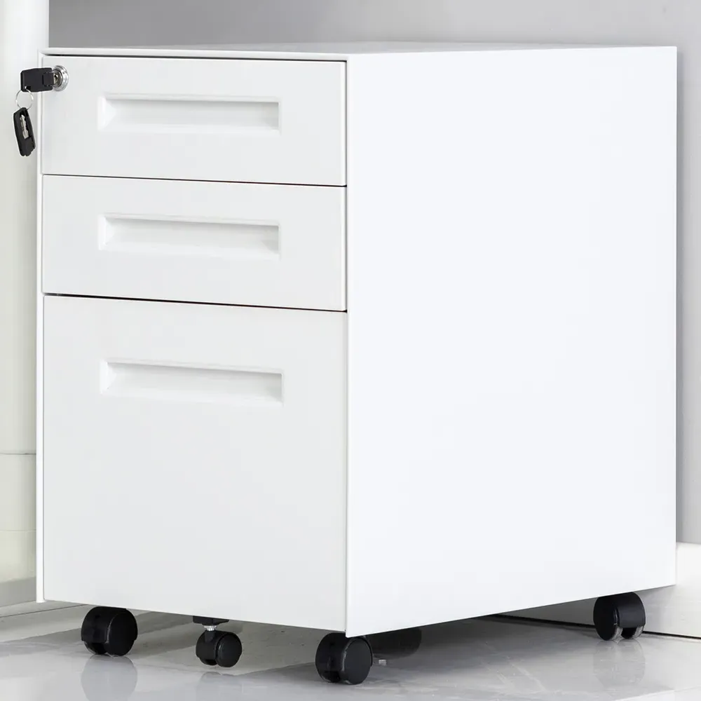 3 Drawer Mobile Pedestal Under Desk Storage Cabinet - White, Metal