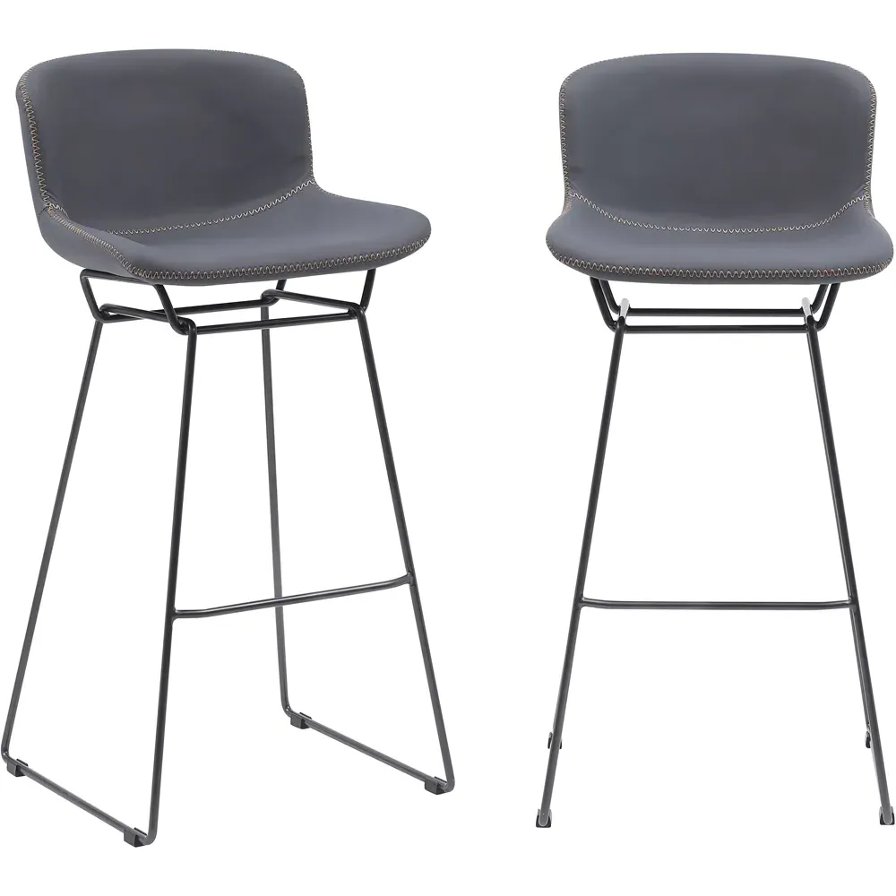 Retro Bar Stool Set of 2 with Sleigh Legs - Grey, PU Leather