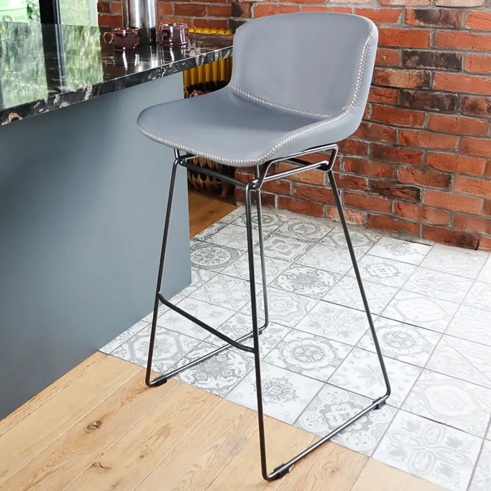 Retro Bar Stool Set of 2 with Sleigh Legs - Grey, PU Leather