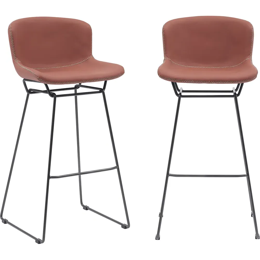 Retro Bar Stool Set of 2 with Sleigh Legs - Tan, PU Leather