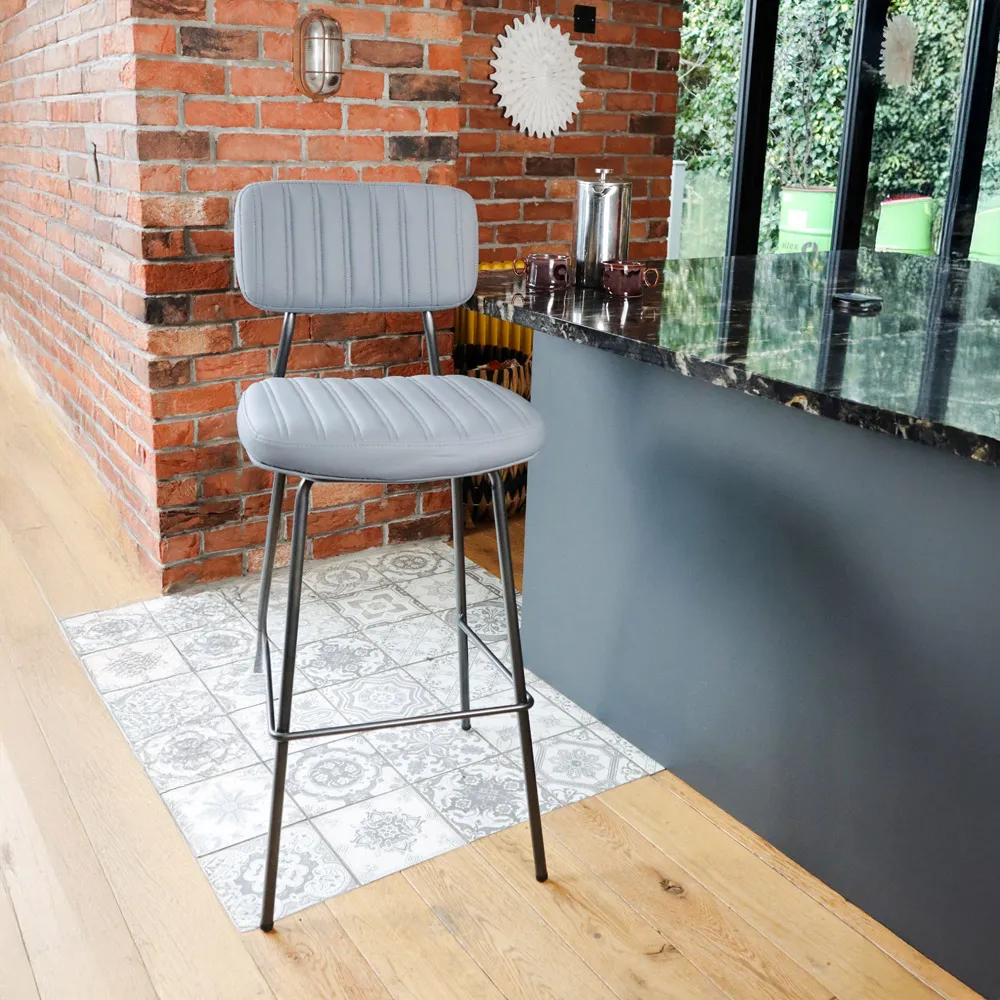 Retro Bar Stool Set of 2 with Steel Frame - Grey, PU Leather