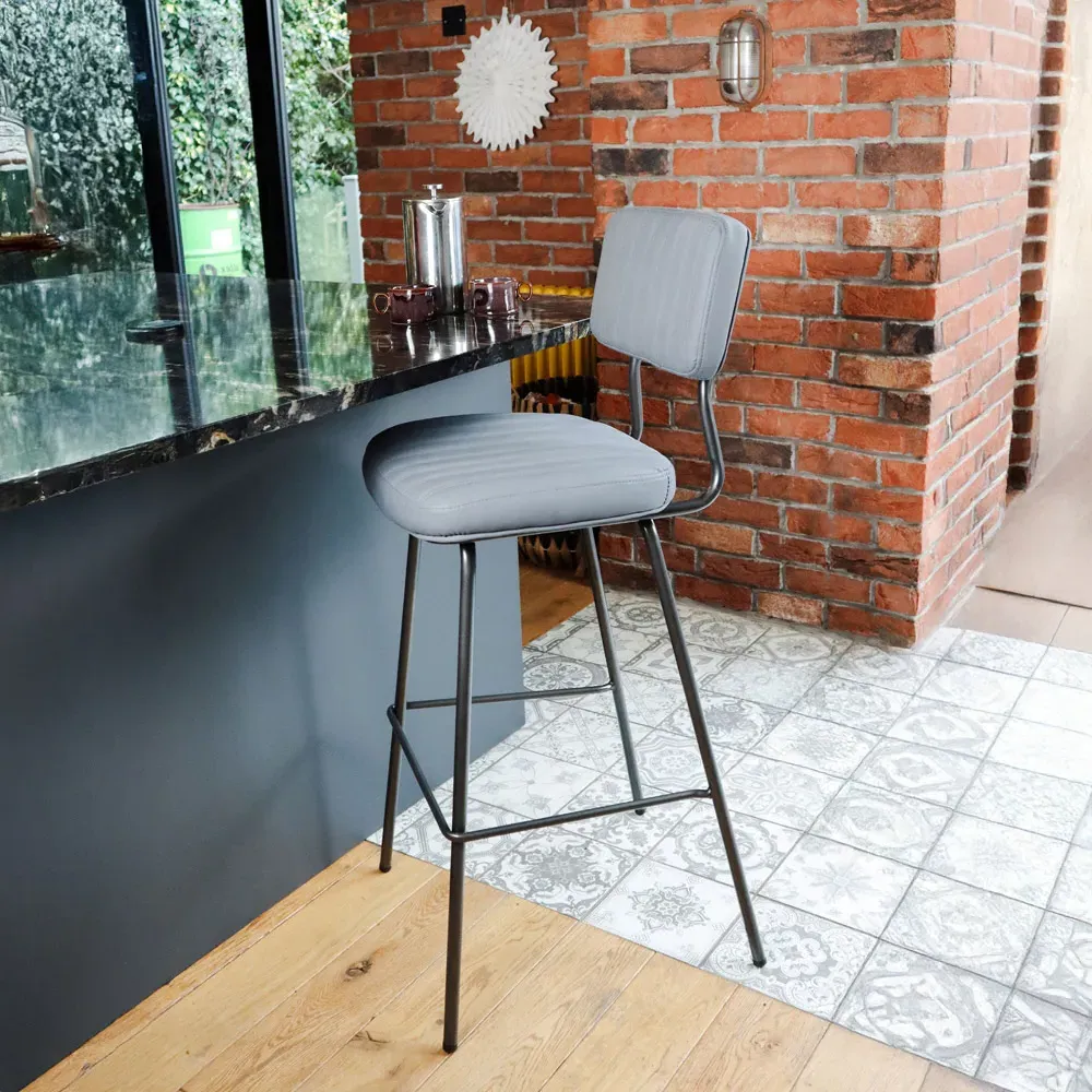 Retro Bar Stool Set of 2 with Steel Frame - Grey, PU Leather