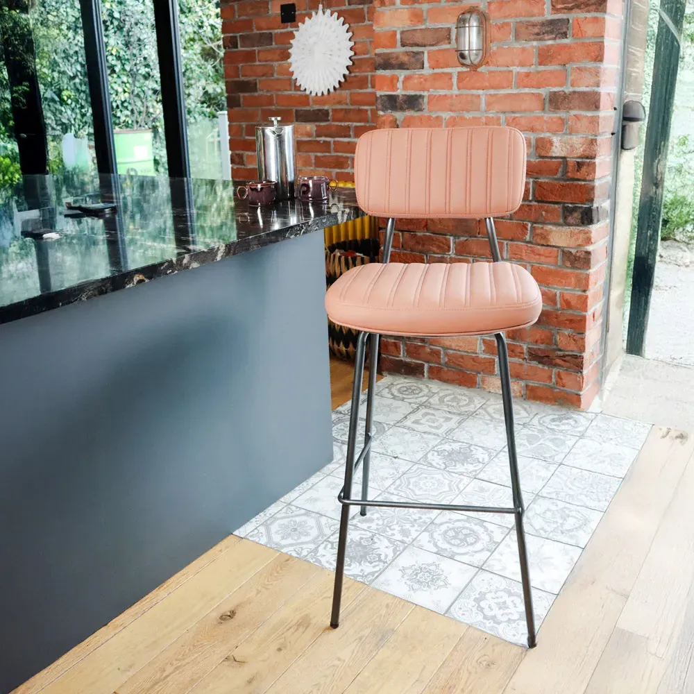 Retro Bar Stool Set of 2 with Steel Frame - Tan, PU Leather