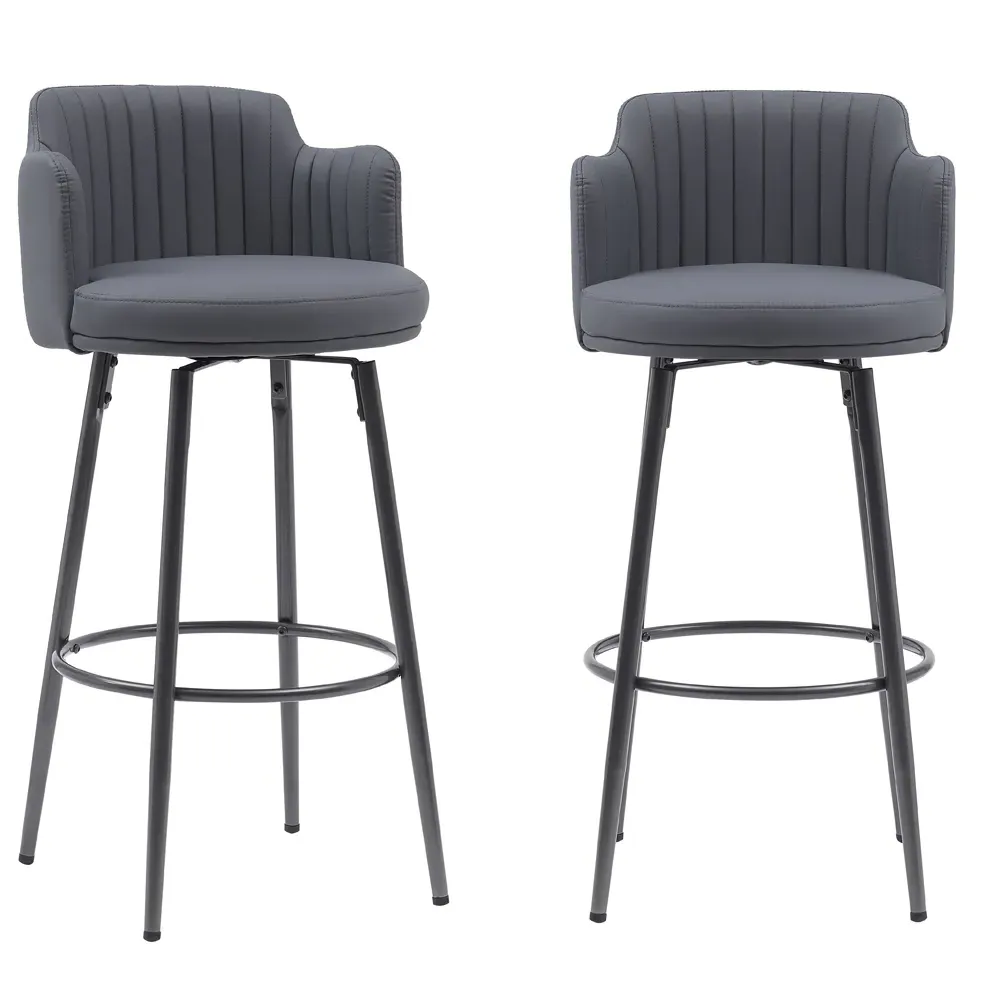Retro Swivel Bar Stool with Footrest Set of 2 - Grey, PU Leather