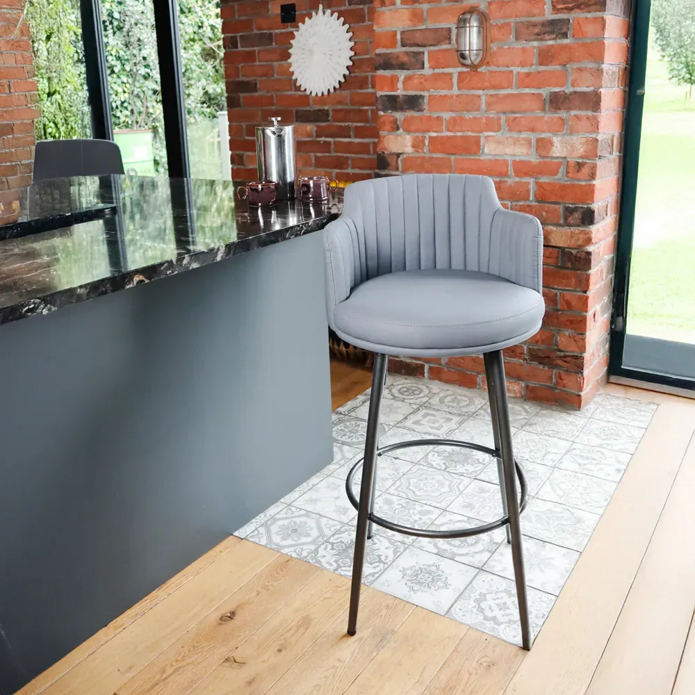 Retro Swivel Bar Stool with Footrest Set of 2 - Grey, PU Leather