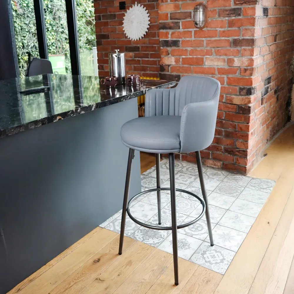 Retro Swivel Bar Stool with Footrest Set of 2 - Grey, PU Leather