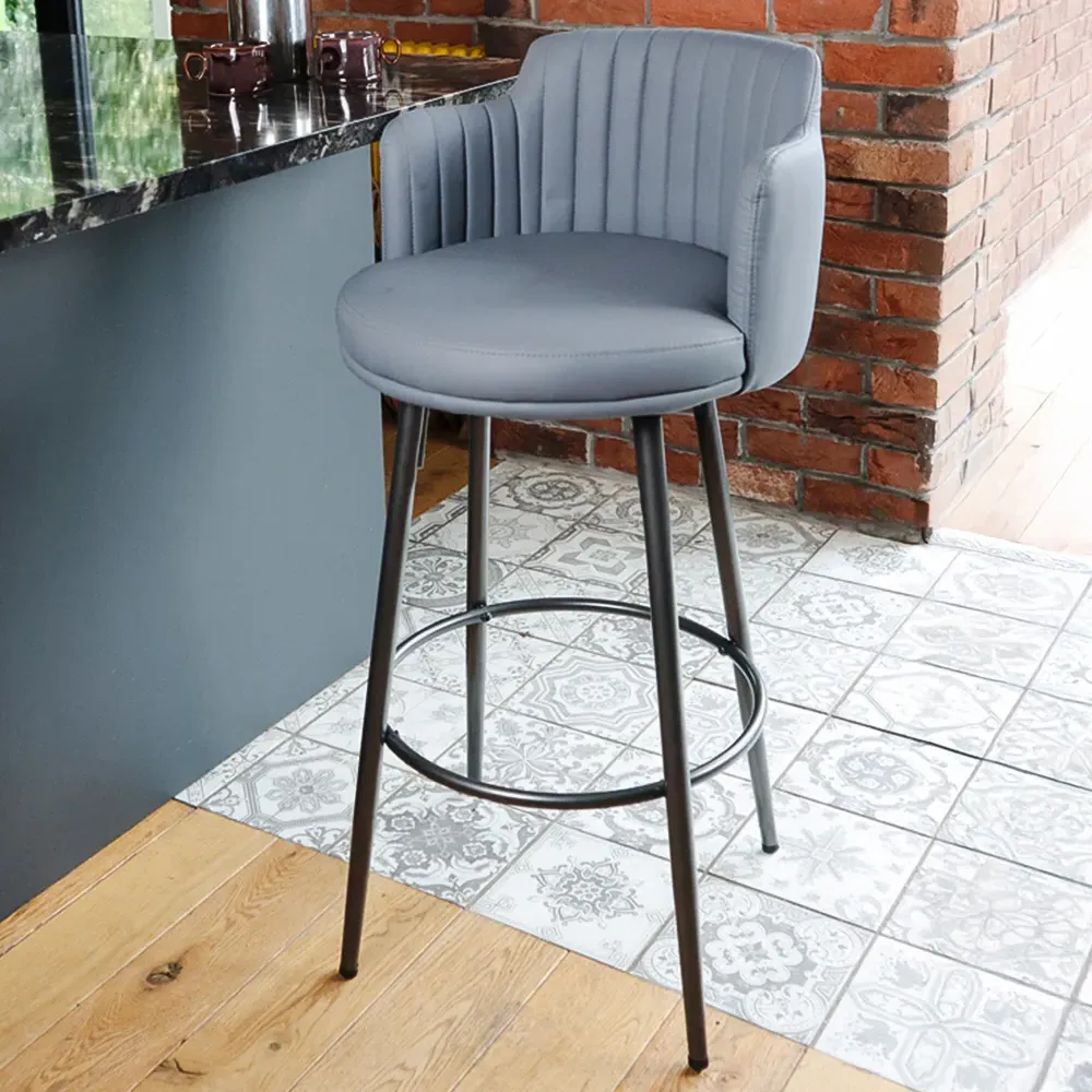 Retro Swivel Bar Stool with Footrest Set of 2 - Grey, PU Leather image