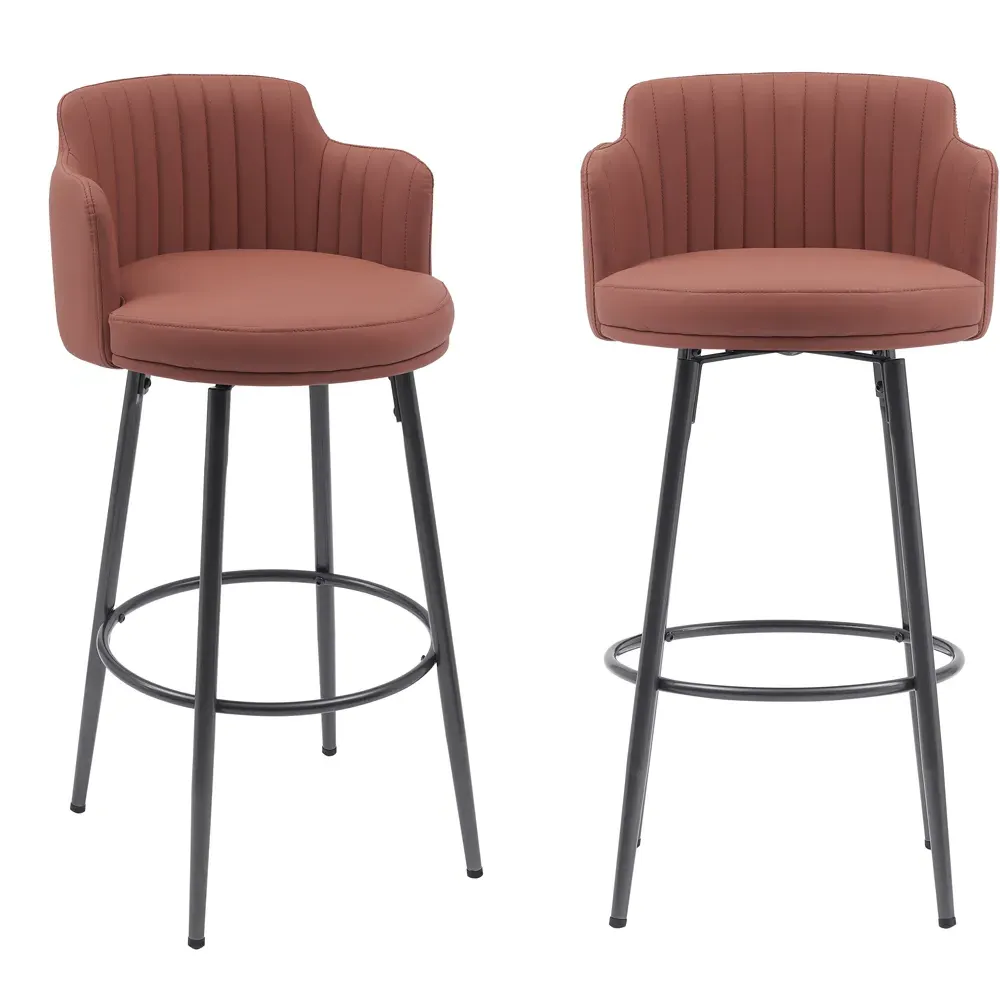 Retro Swivel Bar Stool with Footrest Set of 2 - Tan, PU Leather