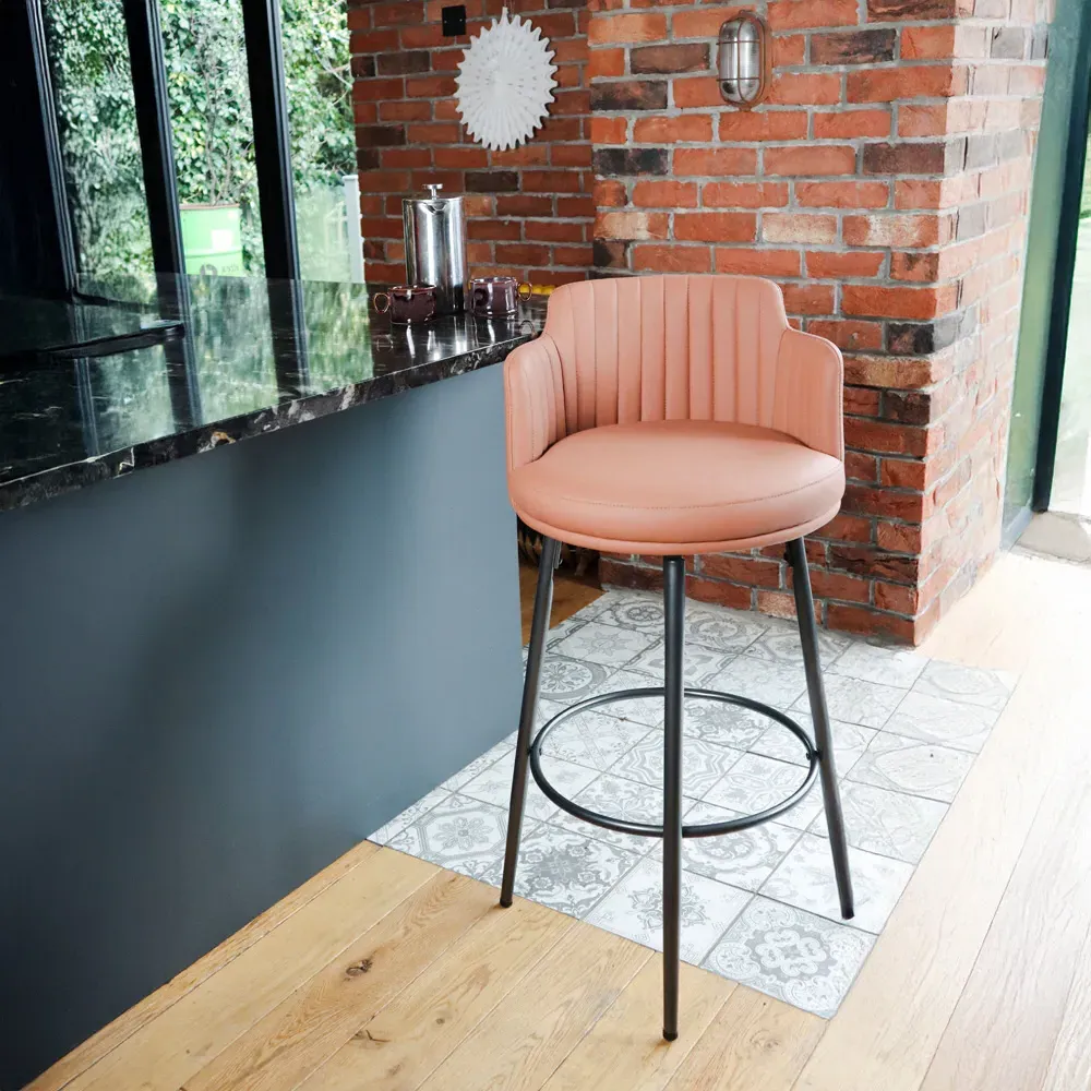 Retro Swivel Bar Stool with Footrest Set of 2 - Tan, PU Leather