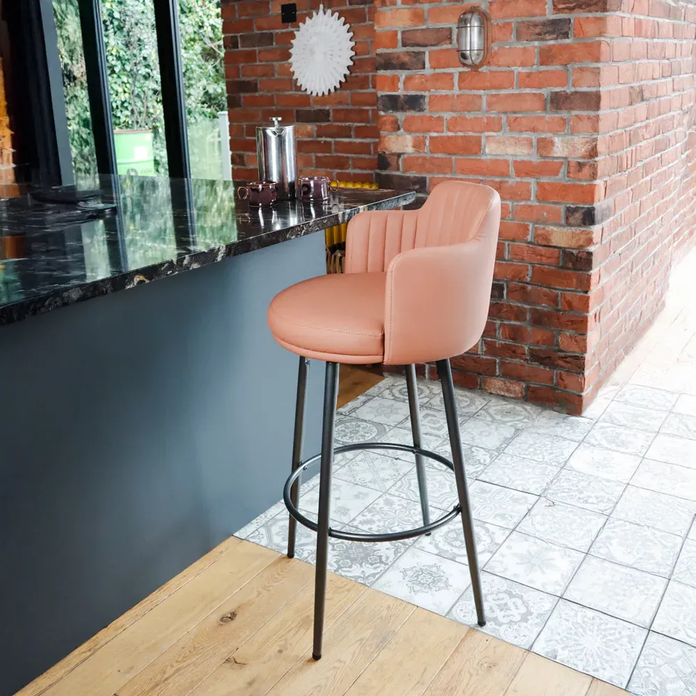 Retro Swivel Bar Stool with Footrest Set of 2 - Tan, PU Leather