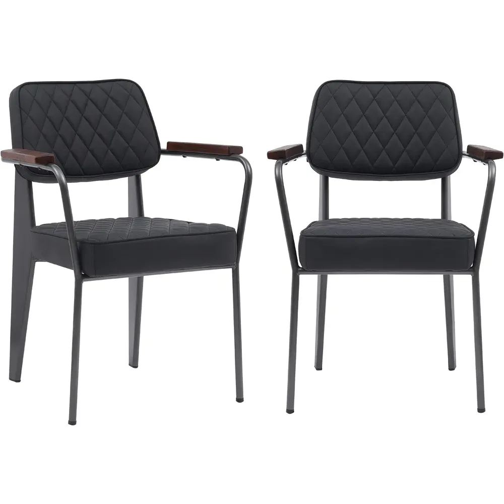Set of 2 Diamond Stitch Dining Chairs with Armrests - Black
