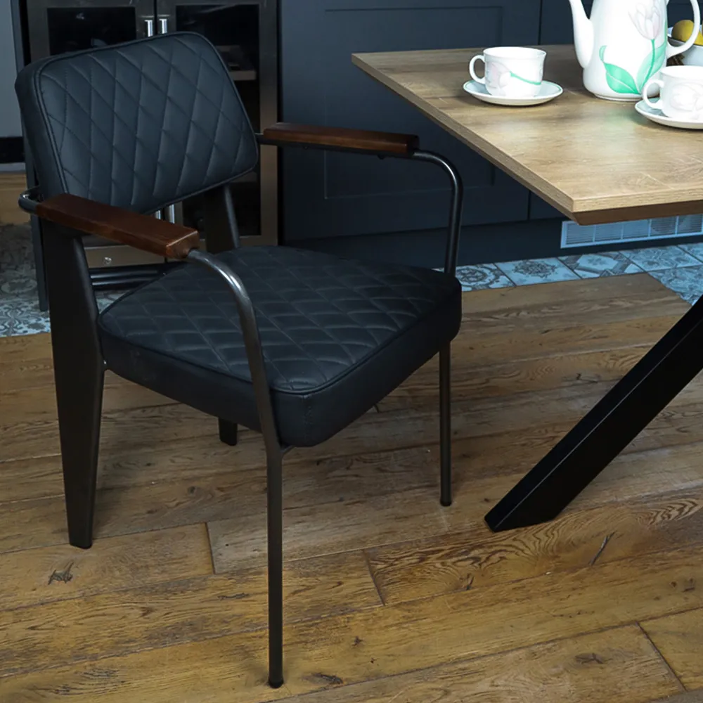 Set of 2 Diamond Stitch Dining Chairs with Armrests - Black