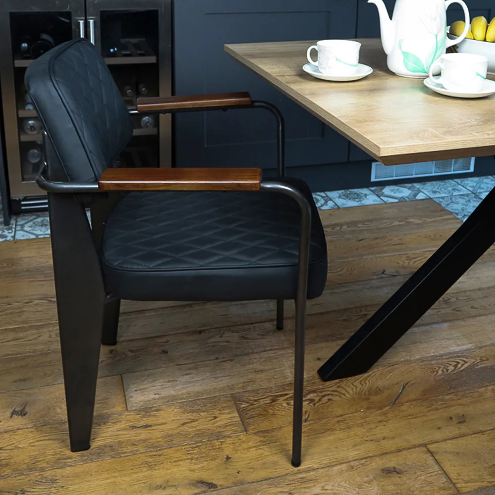 Set of 2 Diamond Stitch Dining Chairs with Armrests - Black