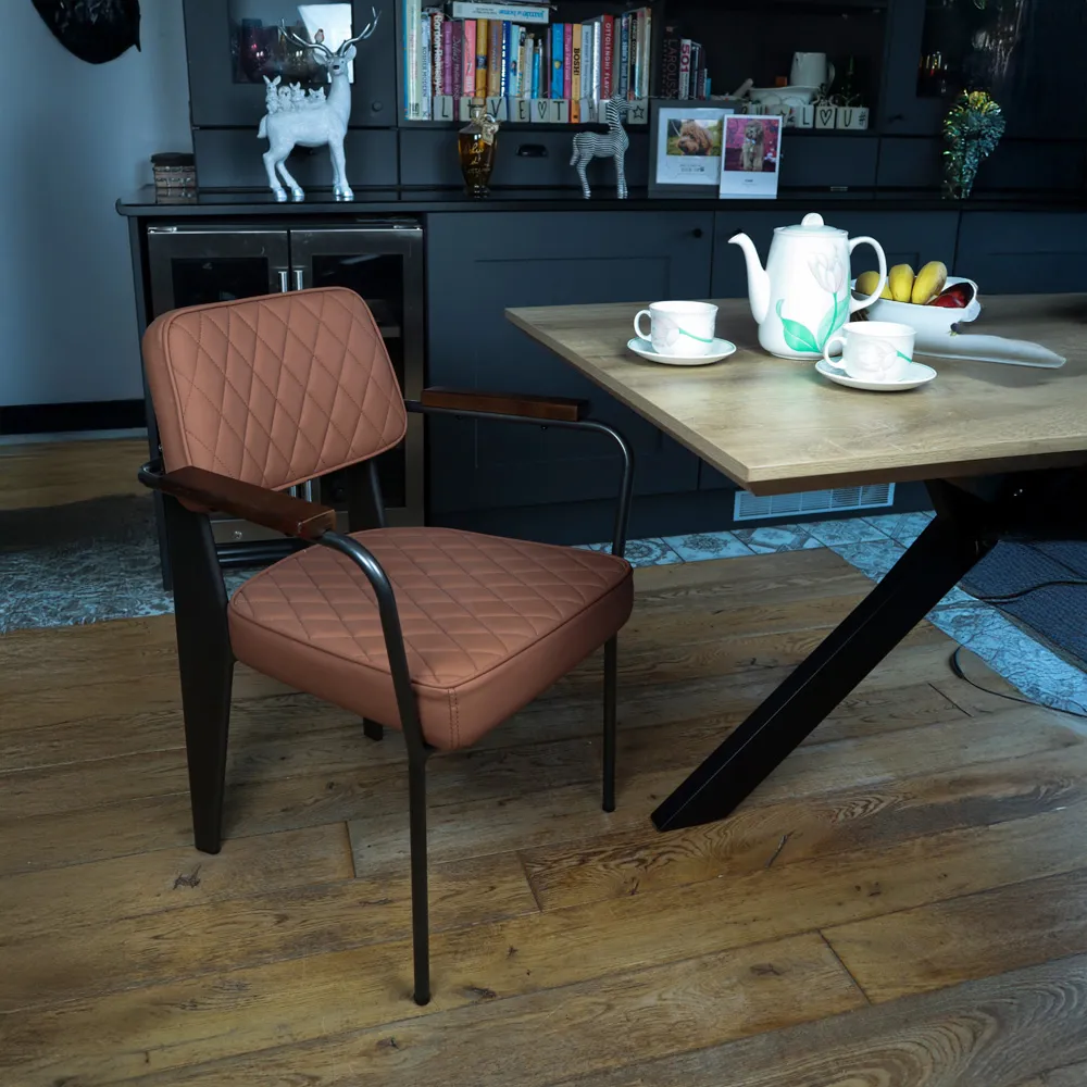 Set of 2 Diamond Stitch Dining Chairs with Armrests - Tan