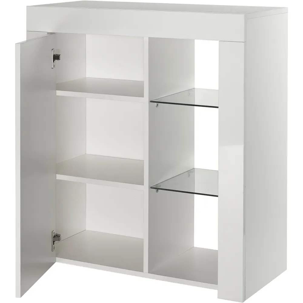 Single Door 3 Shelf Sideboard with LED - White, Matt Gloss