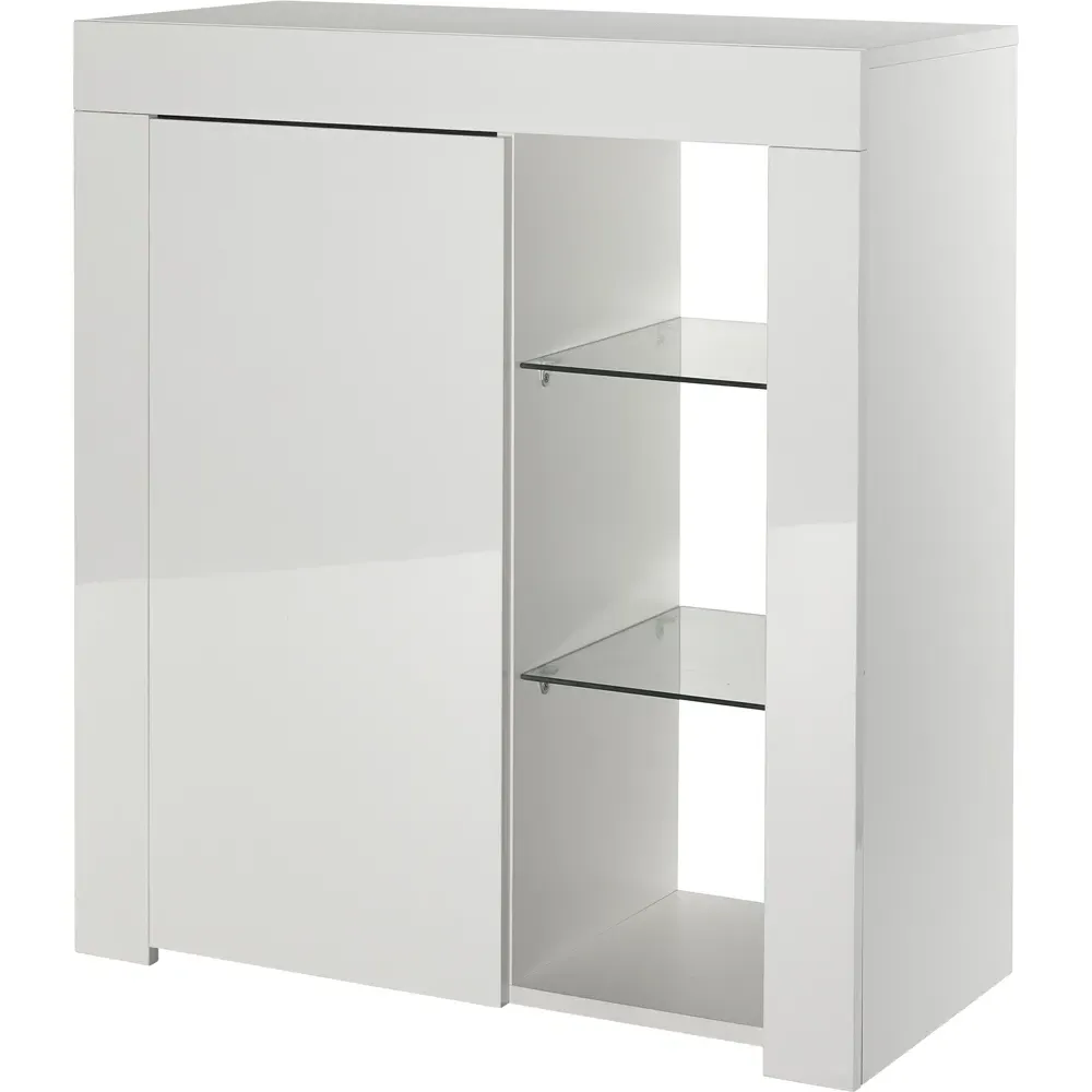 Single Door 3 Shelf Sideboard with LED - White, Matt Gloss