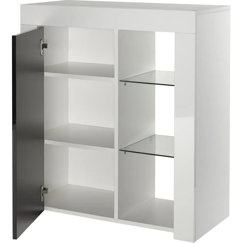 Single Door 3 Shelf Sideboard with LED - White, Matt Gloss