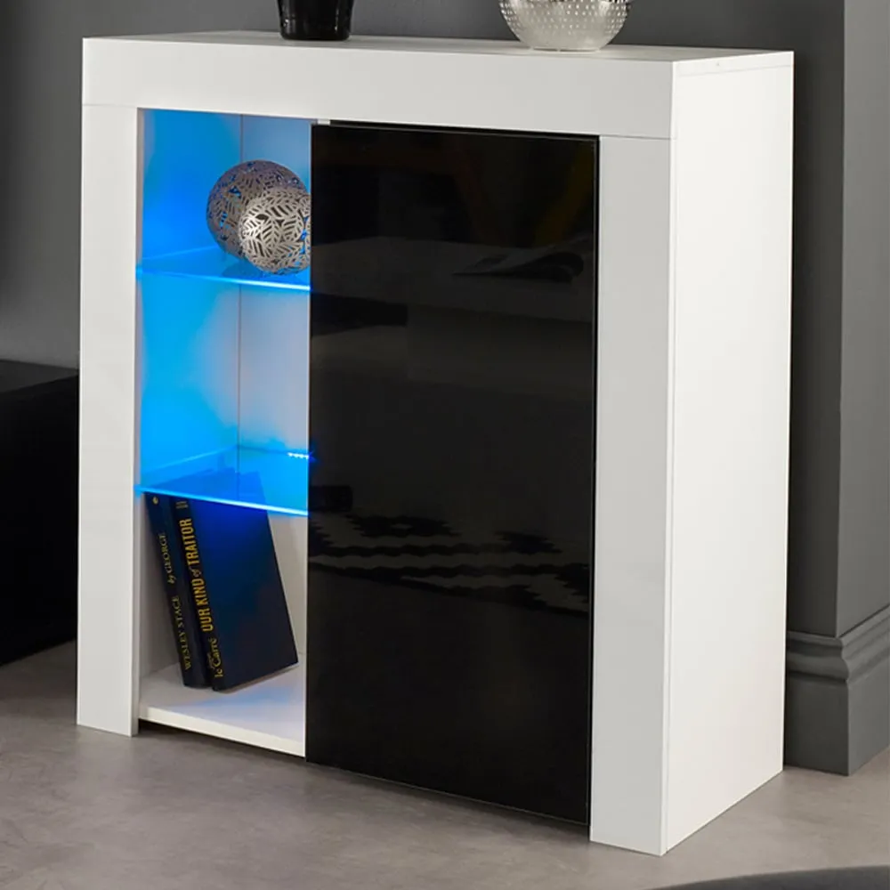 Single Door 3 Shelf Sideboard with LED - White, Matt Gloss