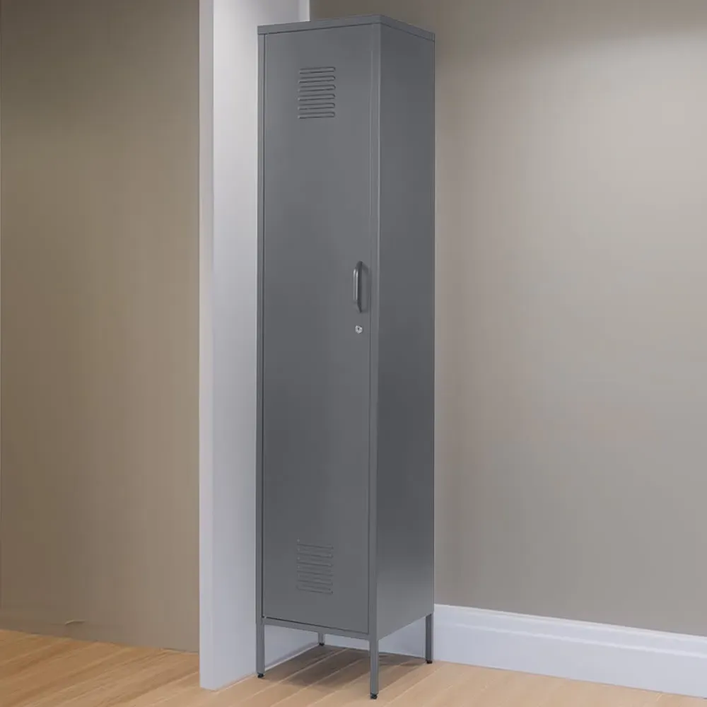 Single Door Tall Locker Cabinet with Lock - Grey, Metal