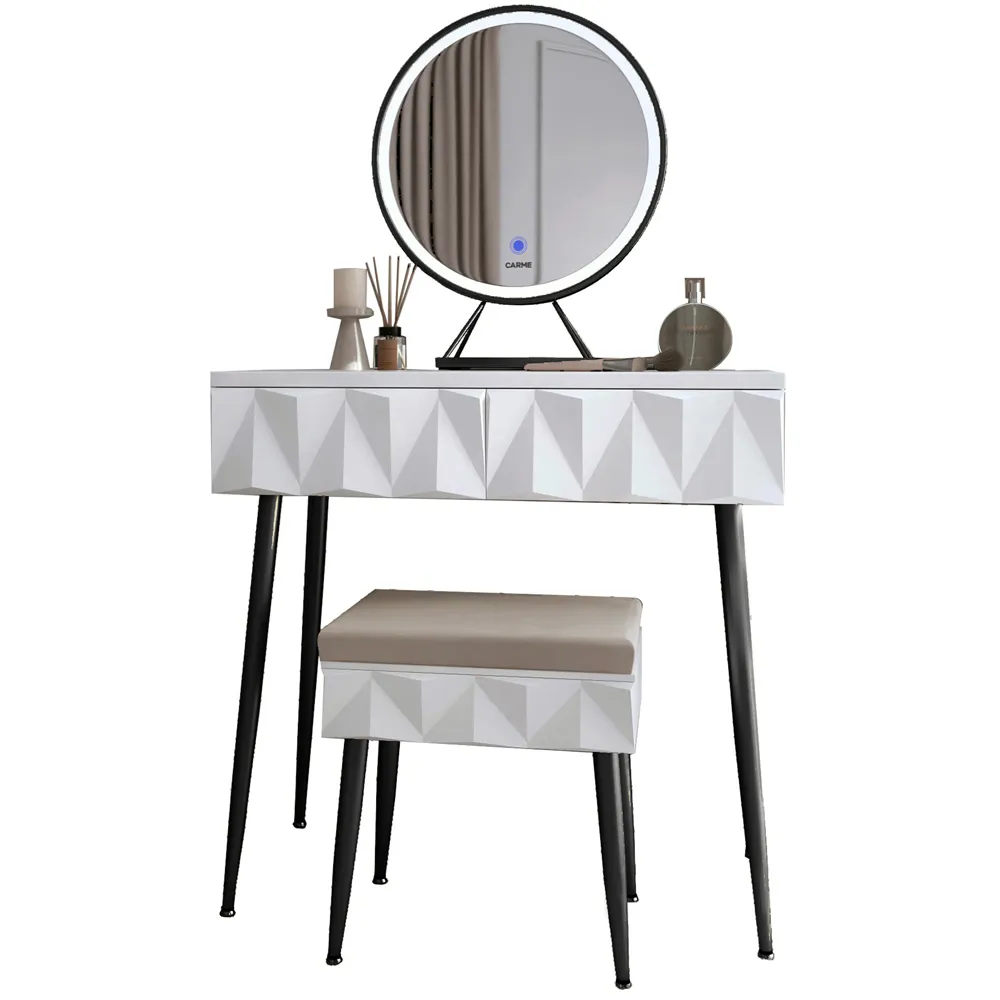 CARME 2 Drawer Dressing Table Set with LED Mirror - White, Black