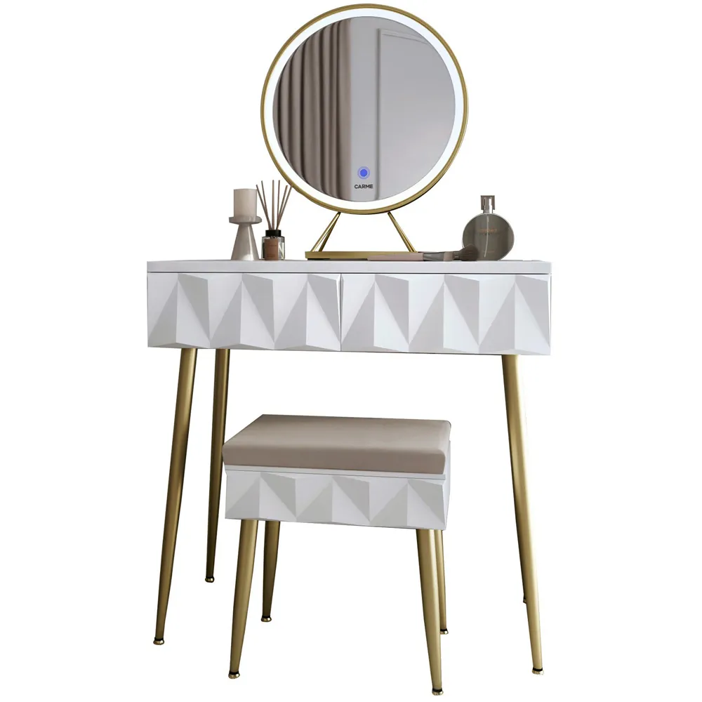 CARME 2 Drawer Dressing Table Set with LED Mirror - White, Gold