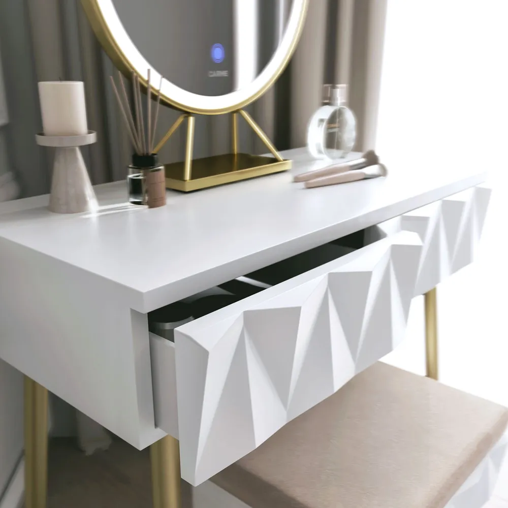 CARME 2 Drawer Dressing Table Set with LED Mirror - White, Gold