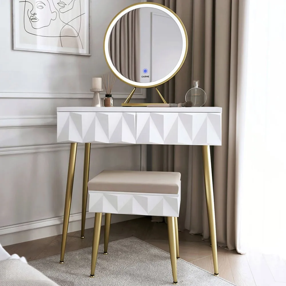 CARME 2 Drawer Dressing Table Set with LED Mirror - White, Gold
