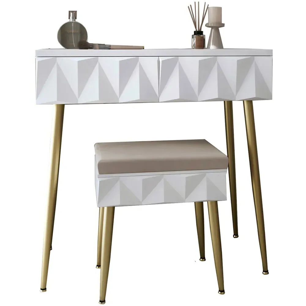 CARME Dressing Table with Padded Stool - White, Gold