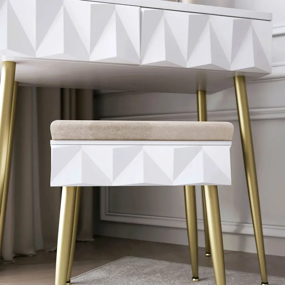 CARME Dressing Table with Padded Stool - White, Gold
