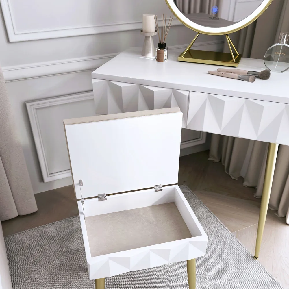 CARME Home Padded Storage Stool - White, Velvet