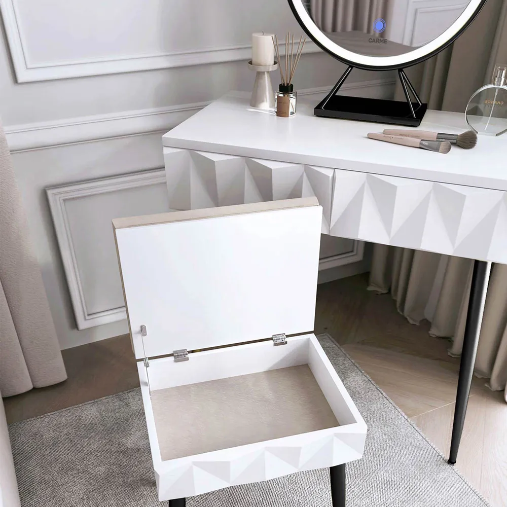 CARME Home Padded Storage Stool - White, Velvet
