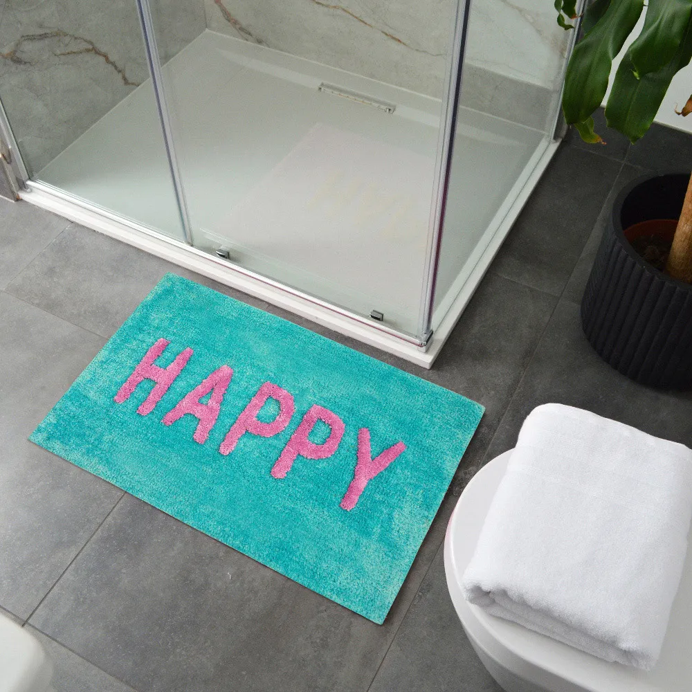 Happy Slogan Non Slip Bath Mat - Blue