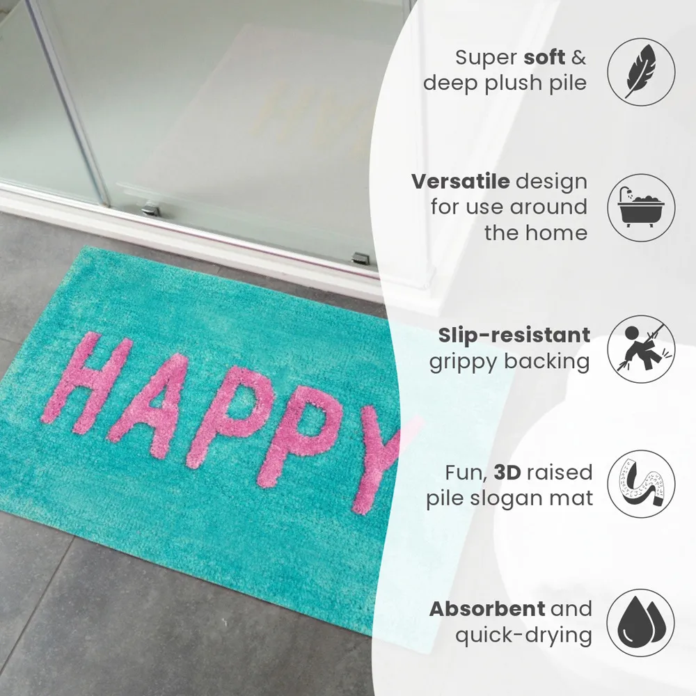 Happy Slogan Non Slip Bath Mat - Blue