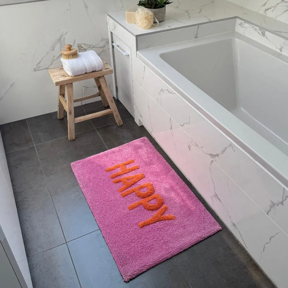 Happy Slogan Non Slip Bath Mat - Pink