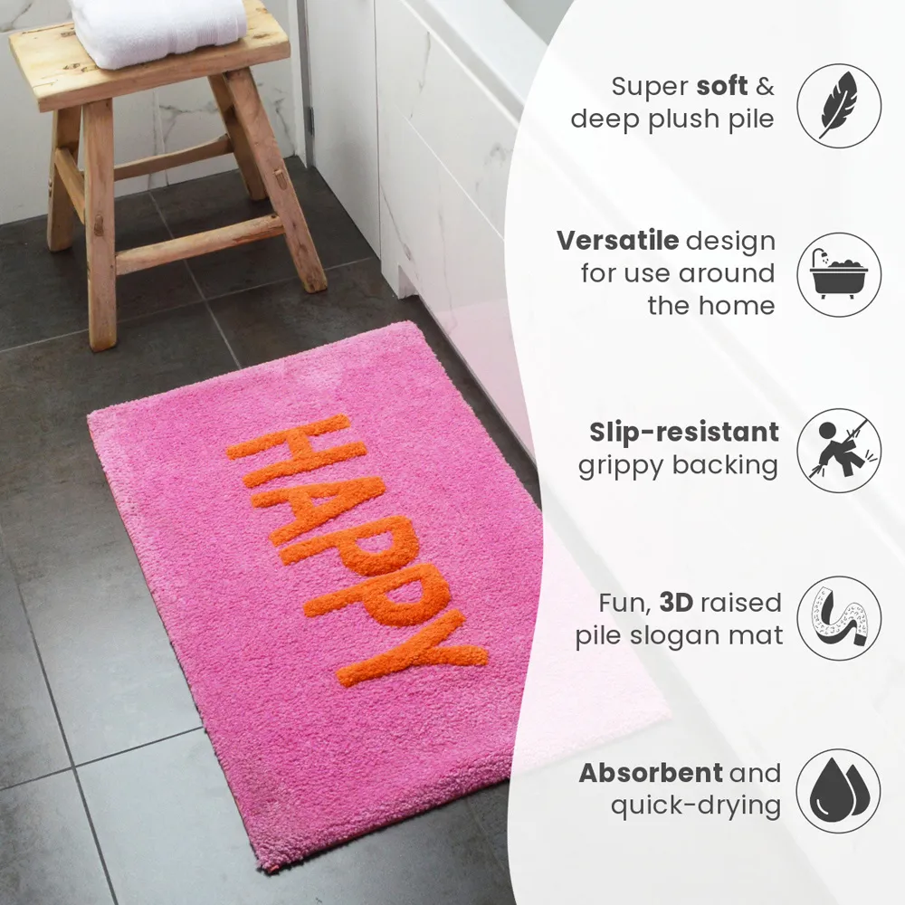 Happy Slogan Non Slip Bath Mat - Pink