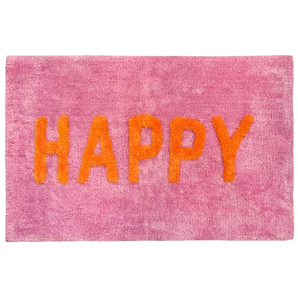 Happy Slogan Non Slip Bath Mat - Pink